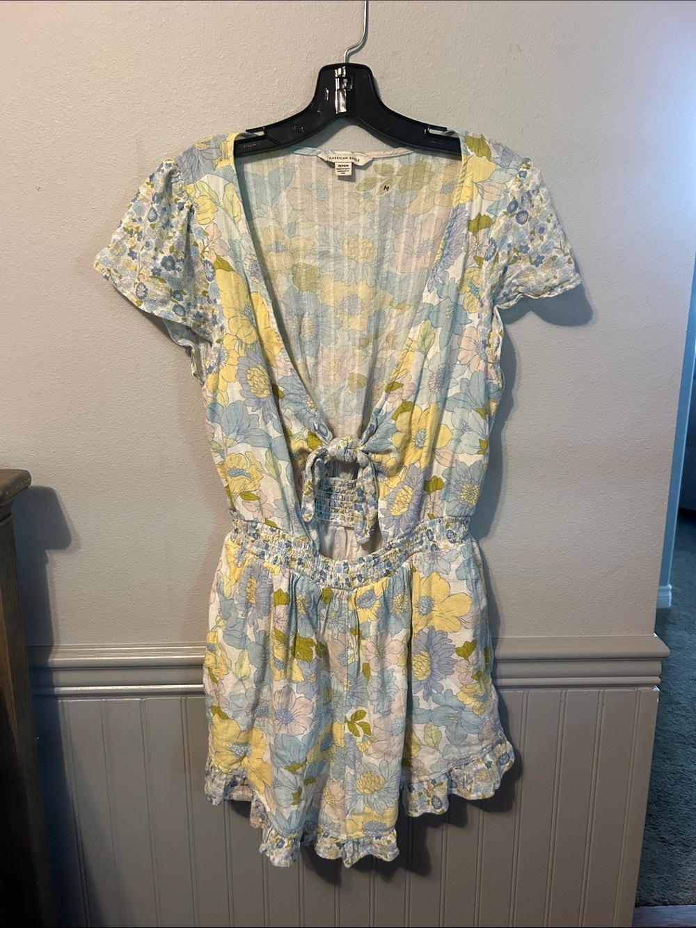 Floral Tie-Front Romper in Pastel Blue & Yellow